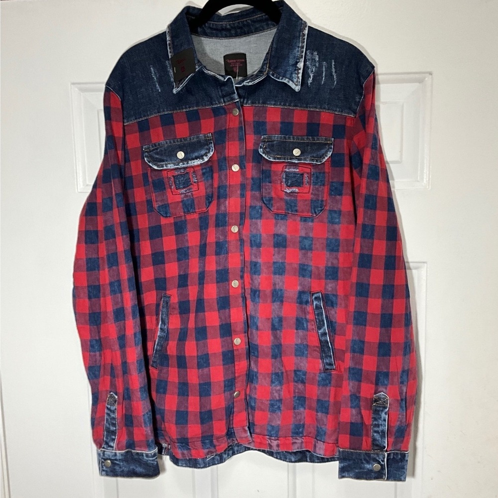 Raw Denim Plaid Western Shirt XL Red Blue Distressed Embroidered Snap Front
